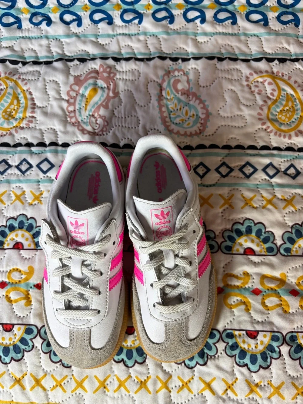 adidas Kids Samba Sneakers — White with Hot Pink Stripes